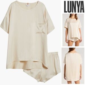 Lunya Washable Silk Tee Short Pajamas set Women's Soft in Swan White Cream